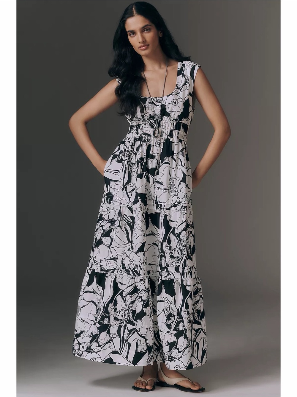 Anthropologie Somerset Black White Floral Sleeveless Tiered Maxi Dress Medium